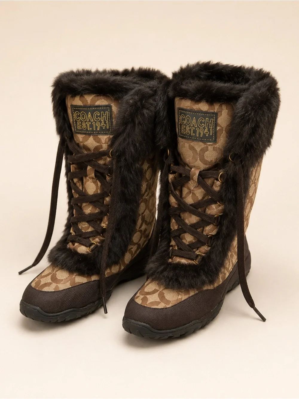 Coach Jennie Q522 Signature Monogram Fur-Trim Winter Boots Women’s Size 9B
